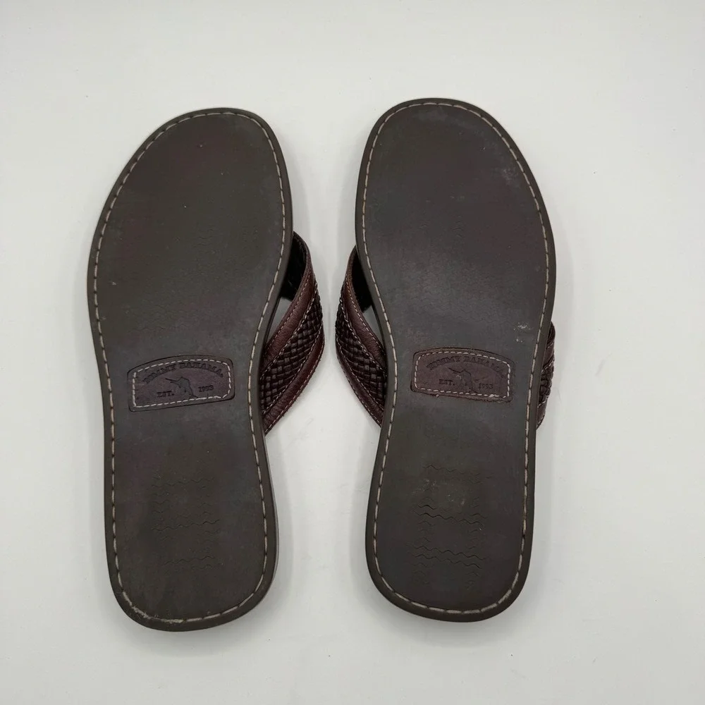 Tommy Bahama Anchors Away Mens Sz 11 D Brown Leather Woven Flip Flop Sandals